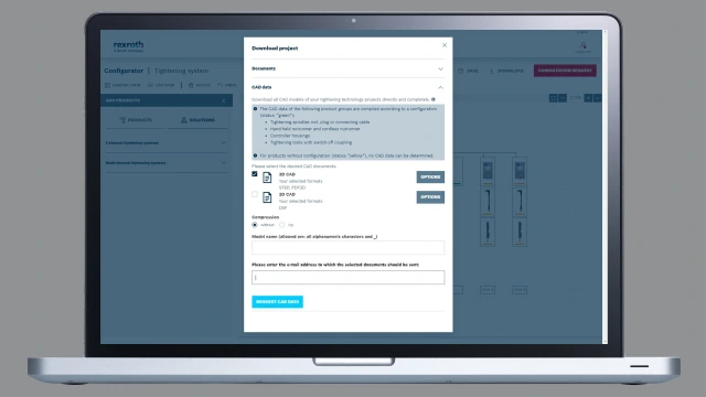 Voorbeeld van het bevestigingssysteemconfiguratieprogramma dat de CAD-multidownloadfunctie toont die kan worden gebruikt om alle CAD-gegevens van het project te downloaden.