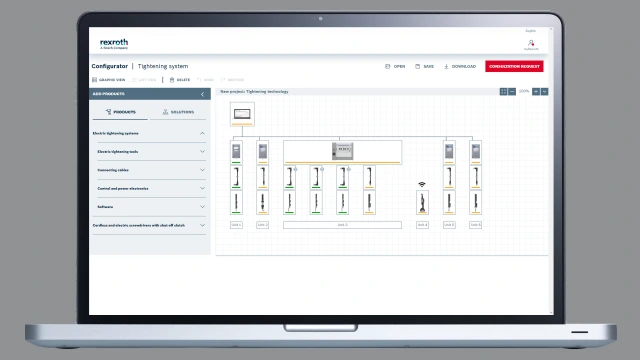 Voorbeeld van het bevestigingssysteemconfiguratieprogramma dat de mogelijke productselectie van elektrisch assemblagetools laat zien.