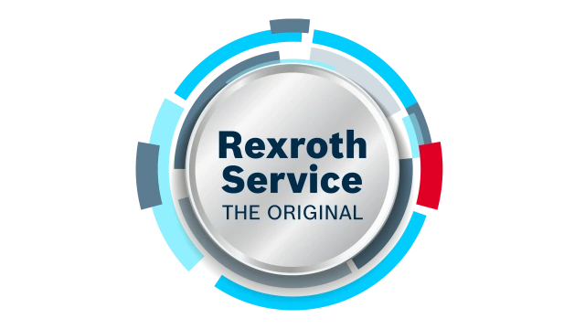Logo Rexroth Service-badge tegen een grijze achtergrond