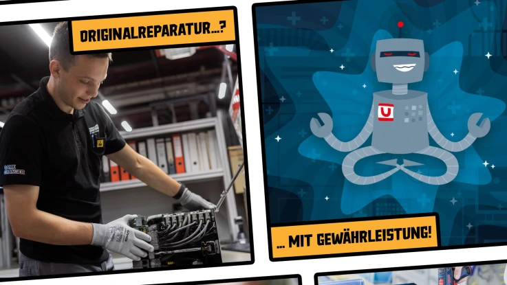 Das Bild zeigt einen Arbeiter, der ein Gerät repariert und den Superhelden Repair Rex.