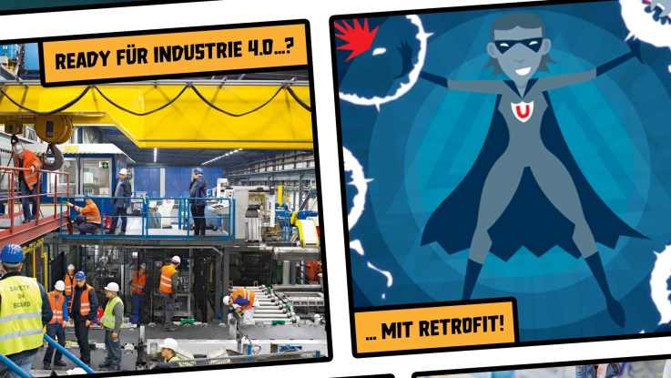 Das Bild zeigteine Industriehalle voller Mitarbeiter und die Superheldin Shield-Rex. 