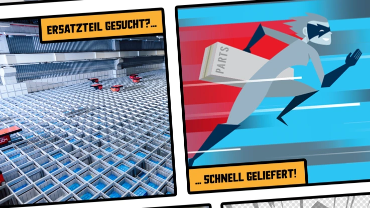 Das Bild zeigt eine große Halle voller Ersatzteile und die Superheldin Speed-Rex.