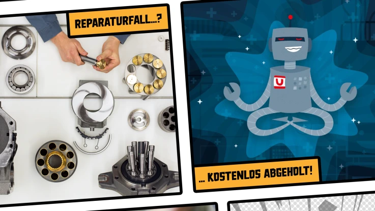 The image shows a collage featuring components requiring repair and the superhero Repair Rex.
