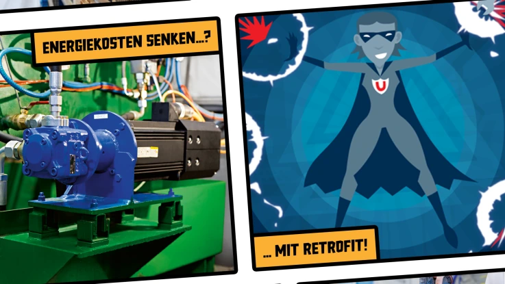Das Bild zeigt eine Hydraulik-Maschine und die Superheldin Shield Rex.
