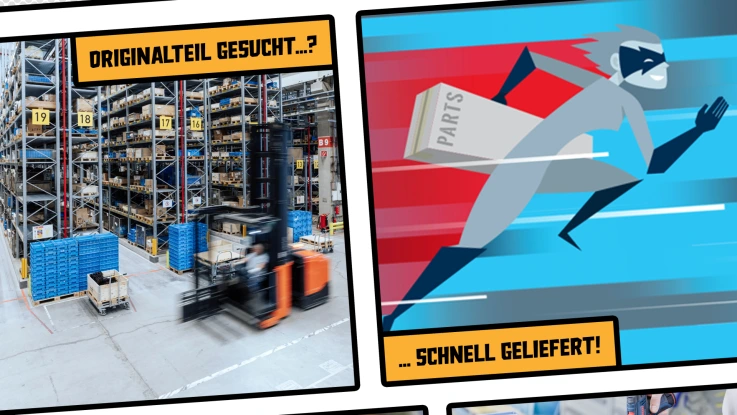 Das Bild zeigt eine Collage aus einer vollen Industriehalle und die Superheldin Speed-Rex.
