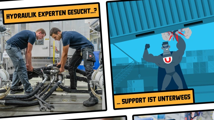 Das Bild zeigt zwei Arbeiter, die an einer Hydraulikmaschine herumschreiben und den Superhelden Strong Rex.