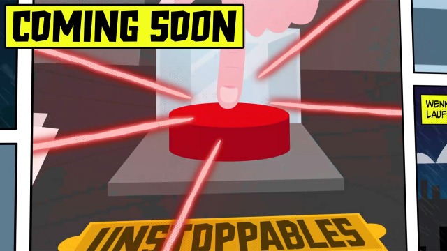 Comic clip of the Unstoppables where the red Unstoppables buzzer is pressed.