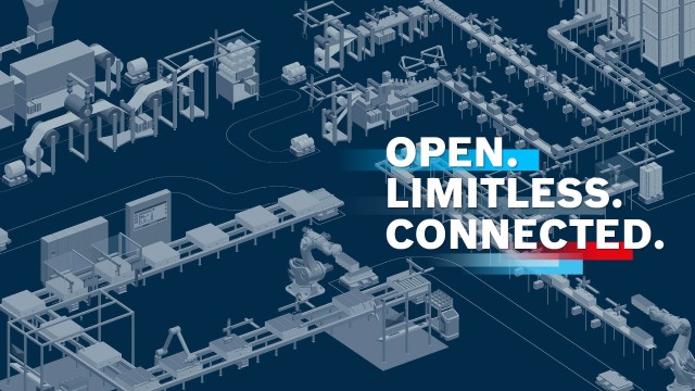 Factory hall with value stream graphic battery and the words "open, limitless and connected"