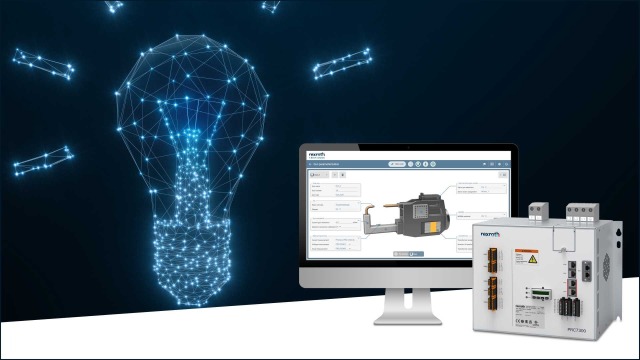 Bild som visar motståndssvetsstyrningen Rexroth PRC7000 och en bildskärm med programvaran PRIweb.