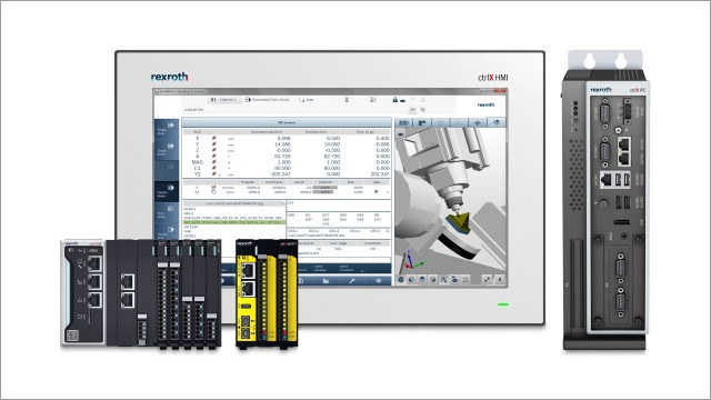 Illustration of various control components from the ctrlX AUTOMATION portfolio. The picture shows the control platform ctrlX CORE with I/O modules ctrlX I/O, a safety control ctrlX SAFETY, an HMI device ctrlX HMI and an industrial PC from the ctrlX IPC portfolio.