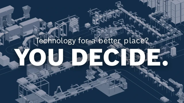 Fabrikhalle mit Wertstromgrafik Batterie und den Worten "Technology for a better place? YOU DECICE."