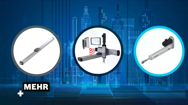 Linear axis, electromechanical cylinder and a cartesian multi-axis are each shown in a spot, with the LT City in the background.
