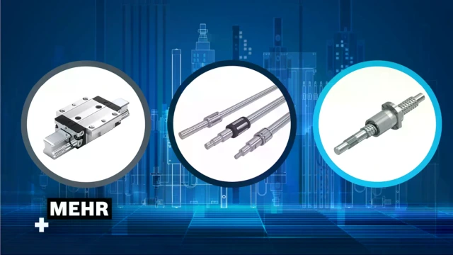 Ball rail systems, ball screws assemblies and linear bushings and shafts are each shown in a spot, with the LT city in the background. 