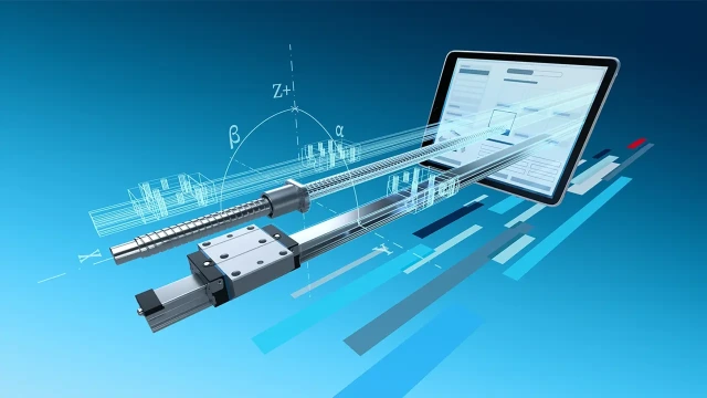 The picture shows a profiled rail system and a ball screw assembly in front of a tablet on which the selector is shown.