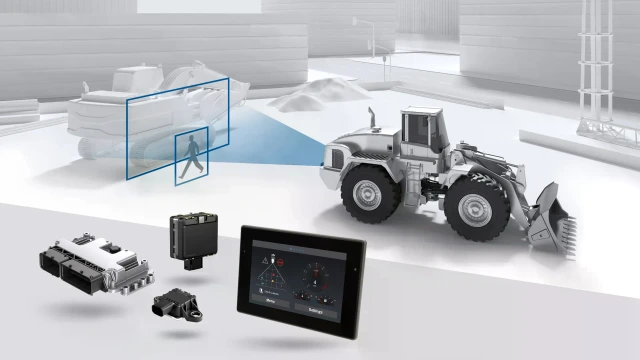 Bosch Rexroth software for collision avoidance for industrial machinery with visualization of a safety zone around a construction machine and associated sensor and control components