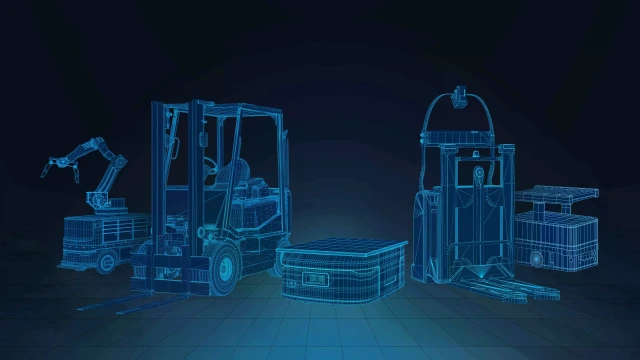 five industrial vehicles such as mobile robots and forklift trucks are lined up