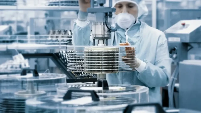A person in cleanroom clothing stands behind a wafer handling