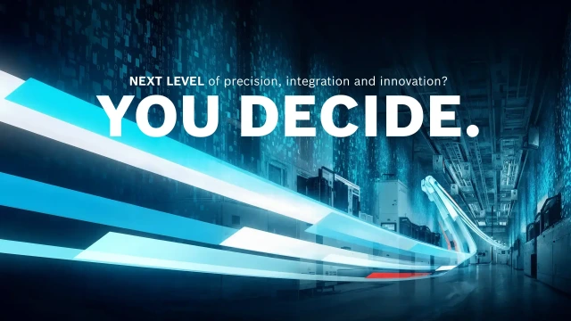 background graphic with text "NEXT LEVEL of precision, integration and innovation? YOU DECIDE."