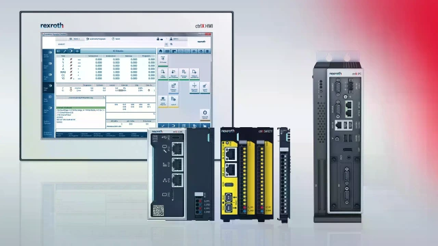 圖片以淺灰色背景顯示 Bosch Rexroth 的各種控制解決方案。