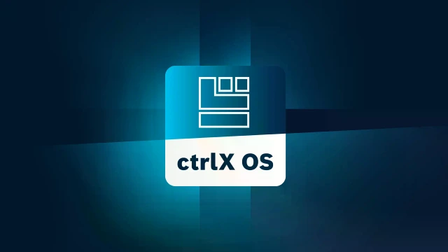 圖片顯示基於 Linux 作業系統的 ctrlX OS 應用程式圖示,前面是漸層色的深藍色背景。