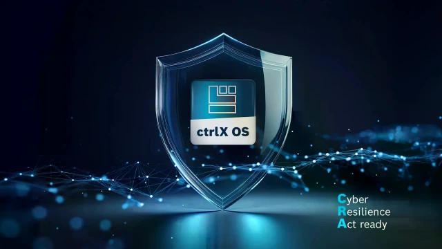 圖片顯示基於 Linux 作業系統的 ctrlX OS 應用程式圖示,在深藍色背景的玻璃盾牌前方,有象徵網路的設計元素。Cyber Resilience Act ready 字樣嵌在圖片右下方邊緣。