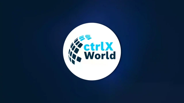 圖像呈現「ctrlX World」字樣與方形圖案的組合,其球體排列形似地球儀,象徵著 ctrlX World 合作夥伴網絡。這兩個元素都位於藍色背景上的白色圓圈中。