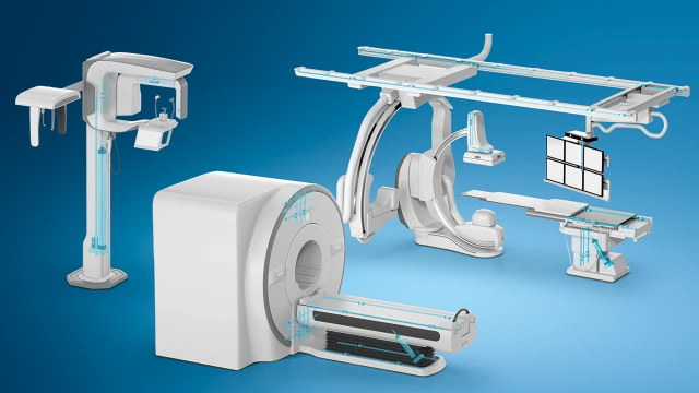 Panoramic X-ray system, CT or MRI and white angiography device as examples of imaging procedures on a blue background. The Rexroth components in the respective application are also shown in turquoise.