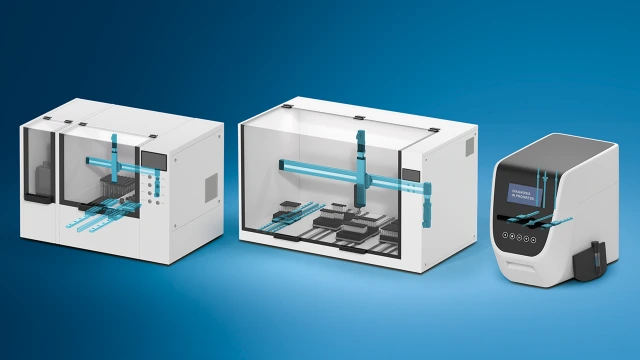 Examples of a liquid/sample handling system, an analyzer and a rapid diagnostics system are shown in white on a blue background. The Rexroth components in the respective application are also shown in turquoise.
