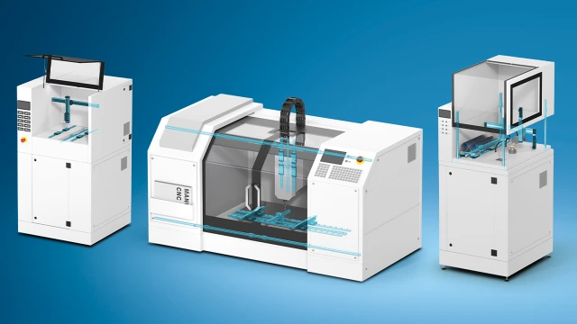 Representation of a dental milling machine and a CNC milling machine for prostheses or implants and a machine for processing optical glasses in white on a blue background. The Rexroth components in the respective applicationpa are also shown in turquoise.