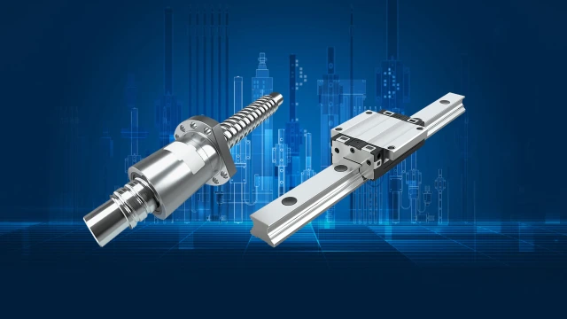 A ball screw with the new performance line nut and a BSCL ball rail guide are positioned in front of the LT city. 