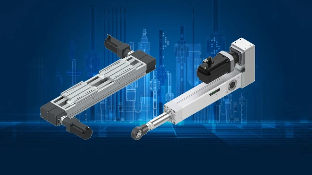 The image shows a compact module with dual belt drive and an electromechanical cylinder are positioned in front of the LT city.