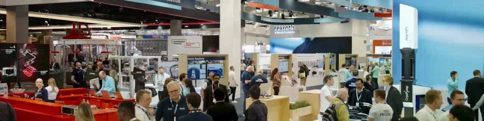 Bosch Rexroth booth with exhibits and visitor