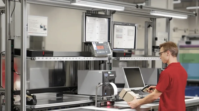 Medarbetare på logistikarbetsstationen skannar ett paket