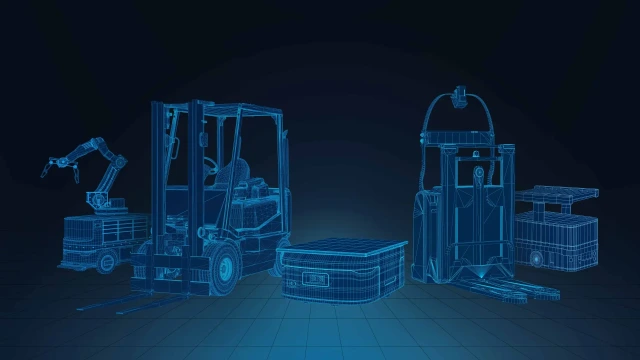 Fem industrifordon (robotar, gaffeltruckar) står uppradade mot en blå bakgrund