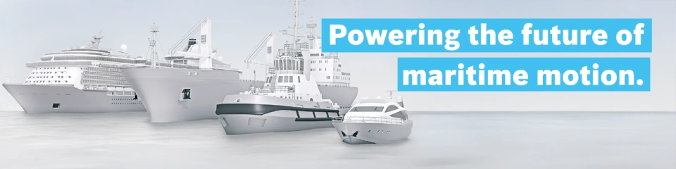 "Powering the future of maritime motion" sloganının altında yan yana duran, farklı boyutlardaki dört gemi