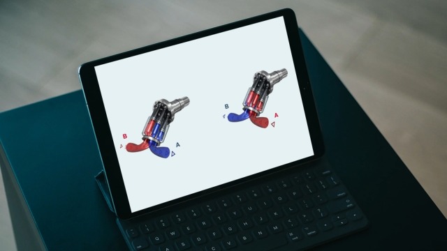 L’illustration montre l’écran d’une tablette avec l’exemple d’une animation issue du chapitre dédié aux moteurs hydrauliques, et notamment au moteur à pistons axiaux avec axe incliné et fonctionnement constant