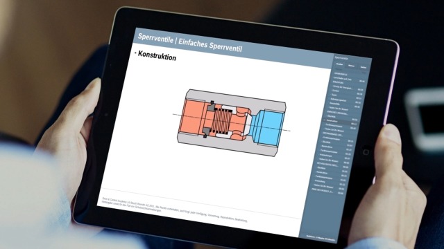 L’illustration montre un exemple de formation eLearning, à savoir la conception d’une vanne d’arrêt utilisée dans le cadre de systèmes hydrauliques industriels