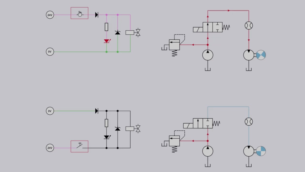 Animation: Suppressor and reverse polarity protection diode, influence of power supply polarity with LED