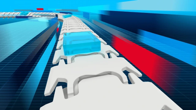 Graphic representation of a VarioFlow chain conveyor system from Bosch Rexroth. Link to the Assembly Technology training course.